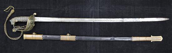 A Victorian Naval officers dress sword and scabbard, 37.5in.